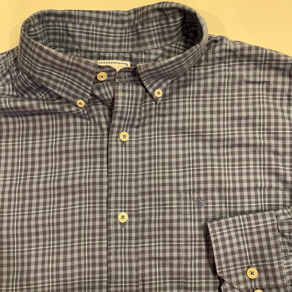 Southern Tide Brown and Gray Plaid Button-Down Shirt